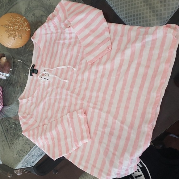 Ralph LAUREN PINK 3/4 SLEEVE STRIPED TOP LARGE - Picture 1 of 4